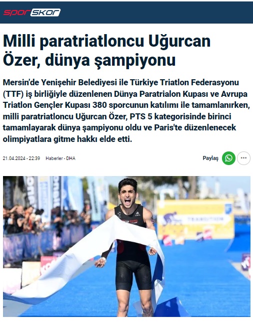 Milli paratriatloncu Uğurcan Özer, dünya şampiyonu