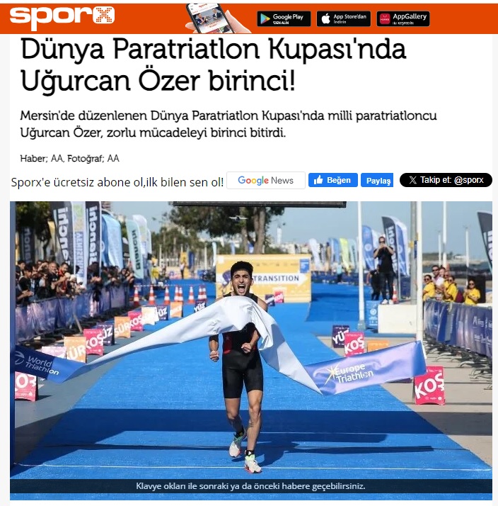 Dünya Paratriatlon Kupası’nda milli paratriatlet Uğurcan Özer birinci oldu