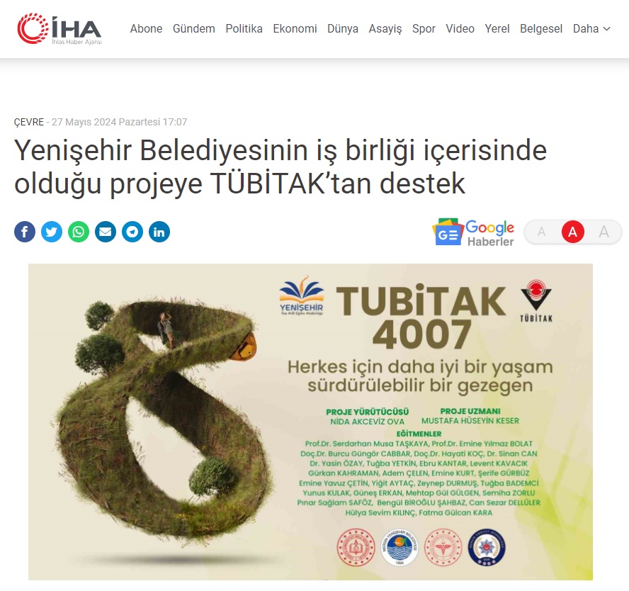 Yenişehir Belediyesinin iş birliği içerisinde olduğu projeye TÜBİTAK’tan destek