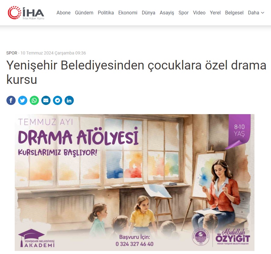 Yenişehir Belediyesinden çocuklara özel drama kursu