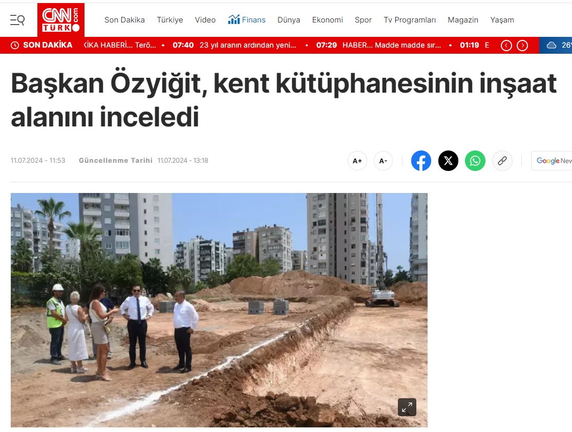 Başkan Abdullah Özyiğit, kent kütüphanesinin inşaat alanını inceledi