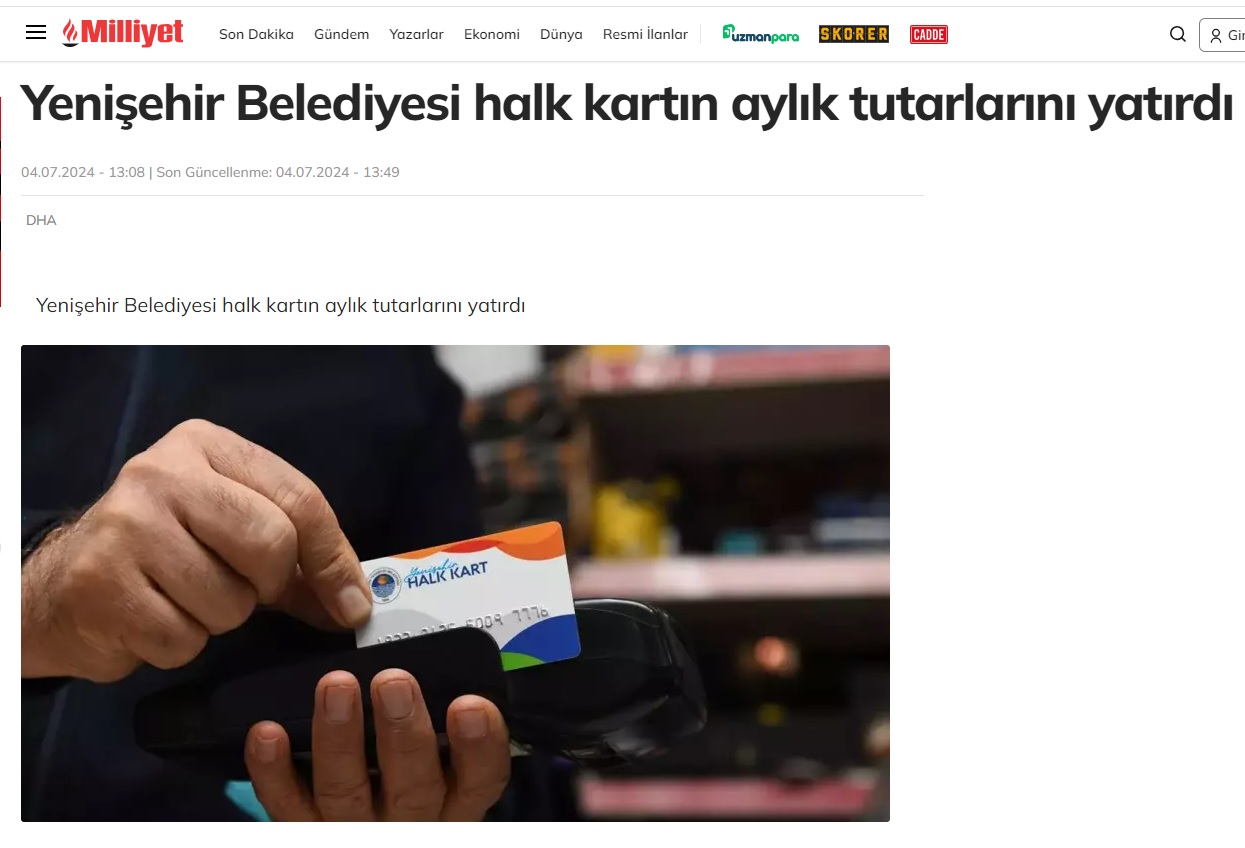 Yenişehir Belediyesi halk kartın aylık tutarlarını yatırdı