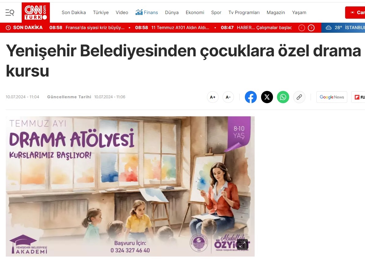Yenişehir Belediyesinden çocuklara özel drama kursu