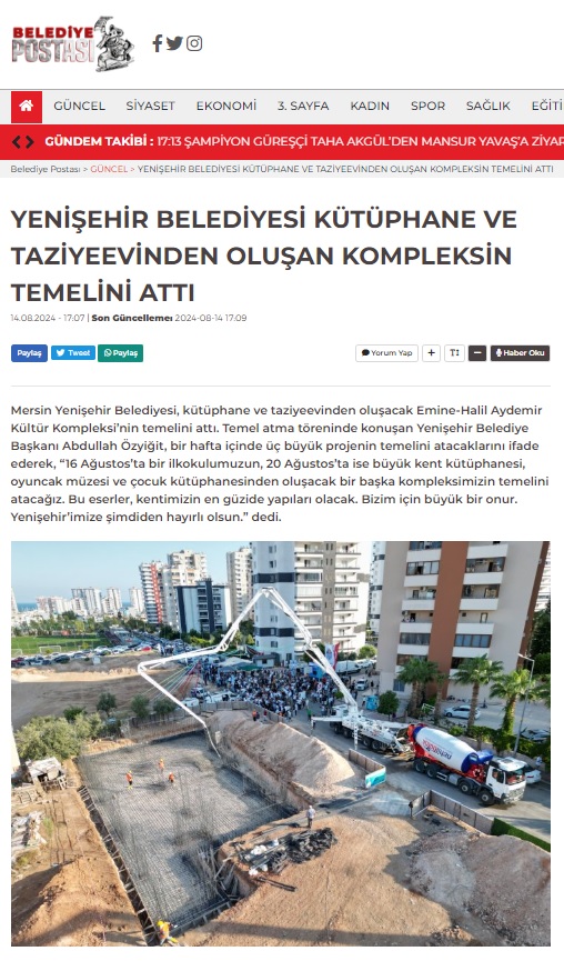 Yenişehir Belediyesi kütüphane ve taziyeevinden oluşan kompleksin temelini attı