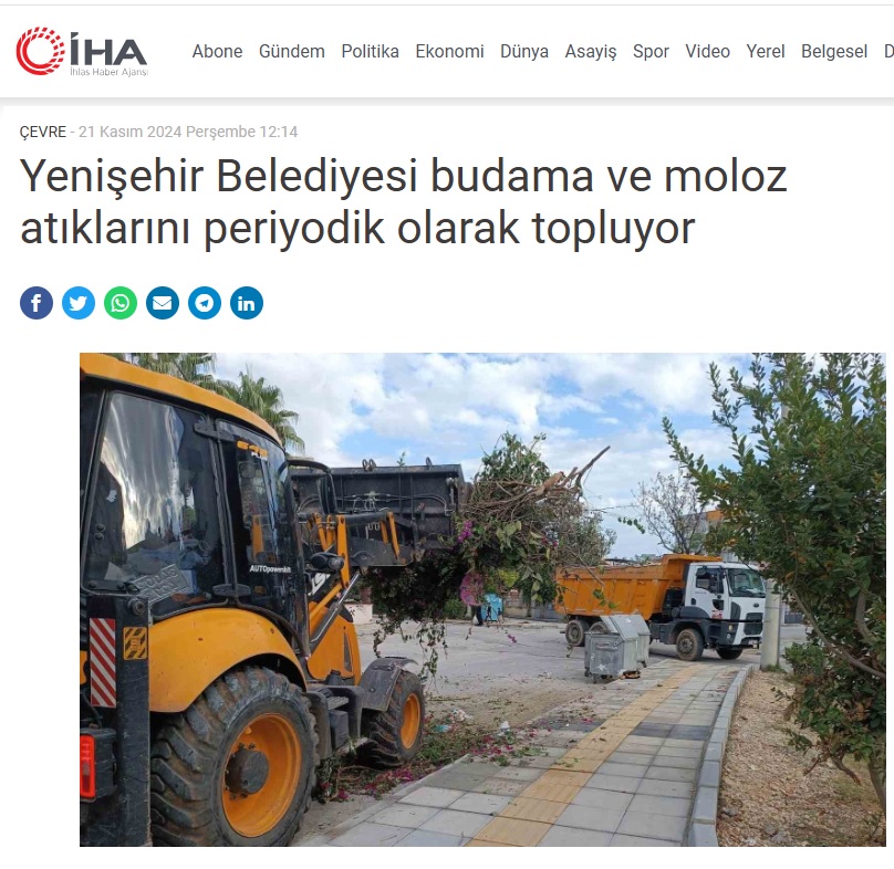 Yenişehir Belediyesi budama ve moloz atıklarını periyodik olarak topluyor
