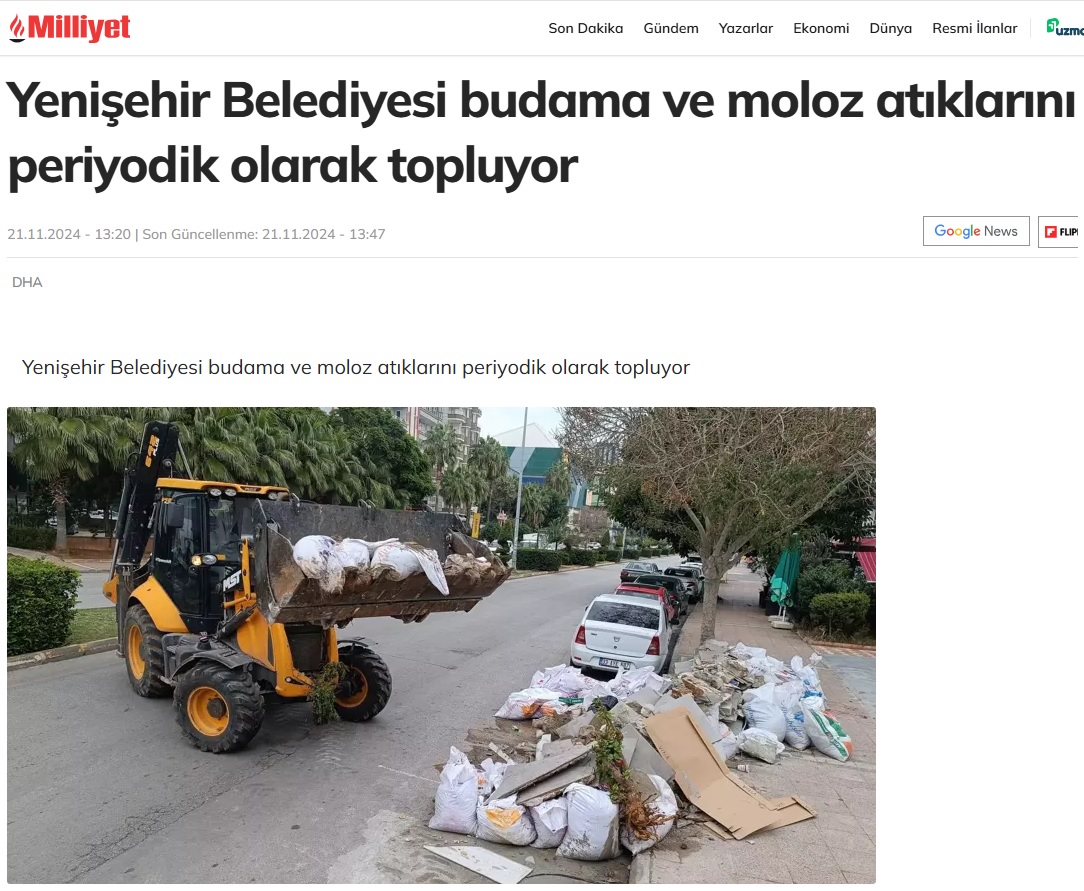 Yenişehir Belediyesi budama ve moloz atıklarını periyodik olarak topluyor