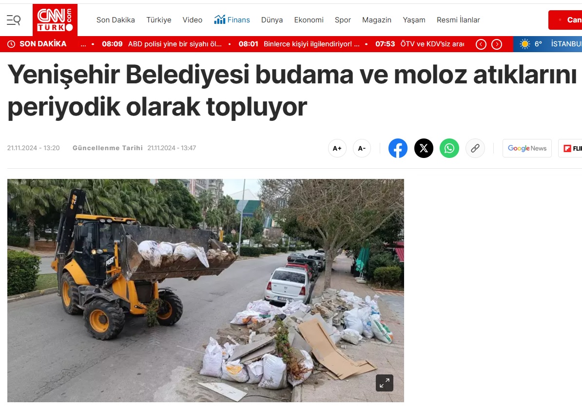 Yenişehir Belediyesi budama ve moloz atıklarını periyodik olarak topluyor