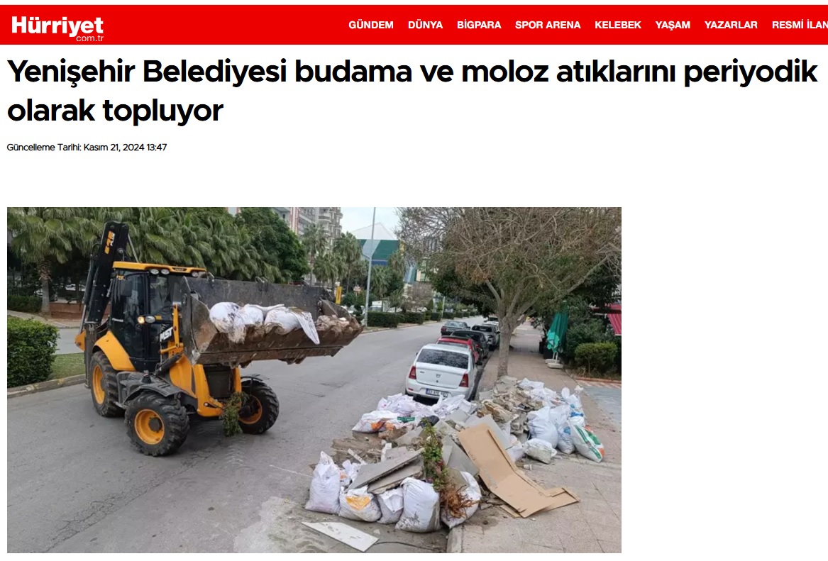 Yenişehir Belediyesi budama ve moloz atıklarını periyodik olarak topluyor