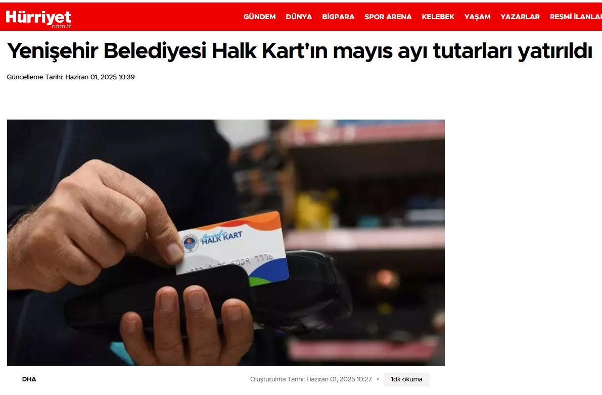 Yenişehir Belediyesi halk kartın Mayıs ayı tutarlarını yatırdı
