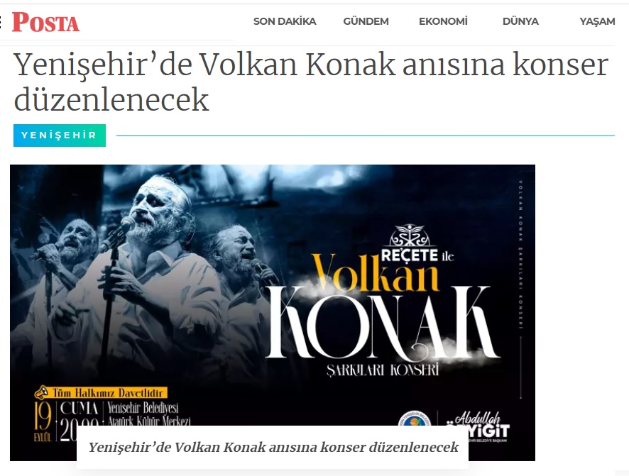 Yenişehir’de Volkan Konak anısına konser düzenlenecek