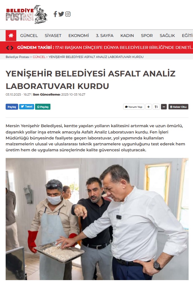 Yenişehir Belediyesi Asfalt Analiz Laboratuvarı kurdu