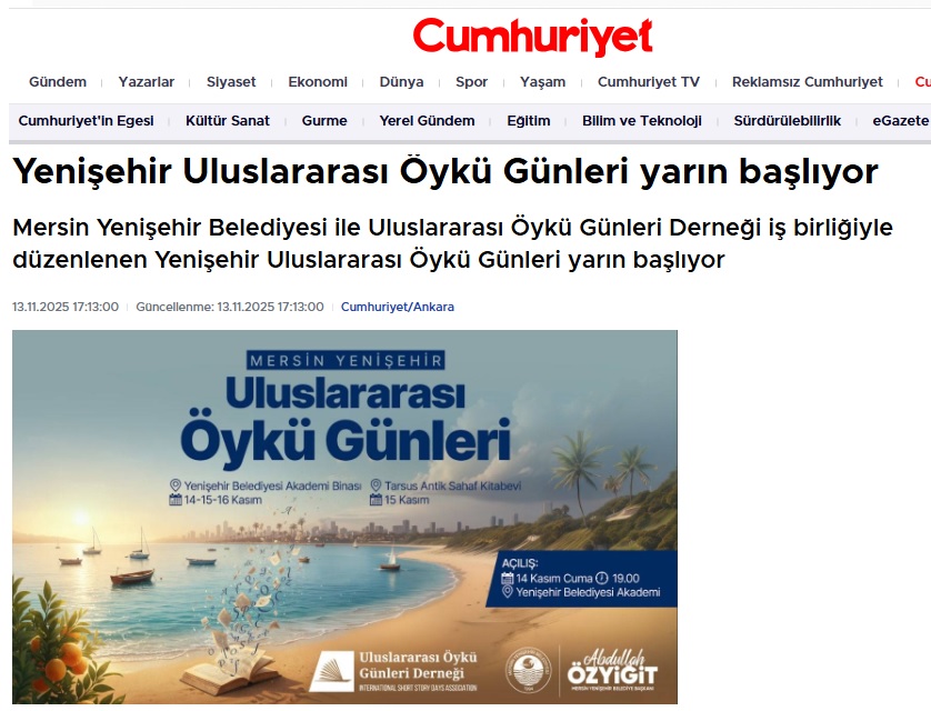 Yenişehir Uluslararası Öykü Günleri yarın başlıyor