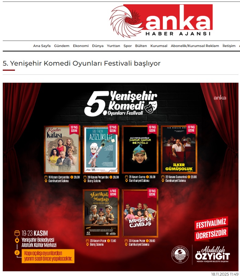 5. Yenişehir Komedi Oyunları Festivali Başlıyor
