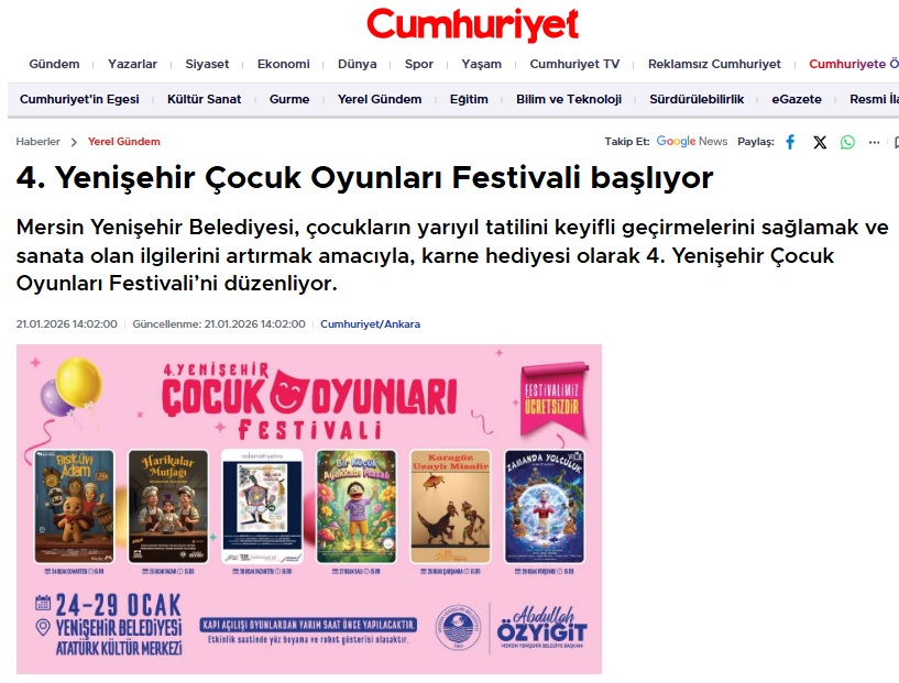 4. Yenişehir Çocuk Oyunları Festivali başlıyor