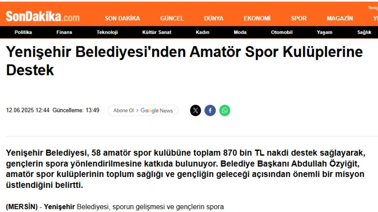 Yenişehir Belediyesinden amatör spor kulüplerine 870 bin TL’lik nakdi destek