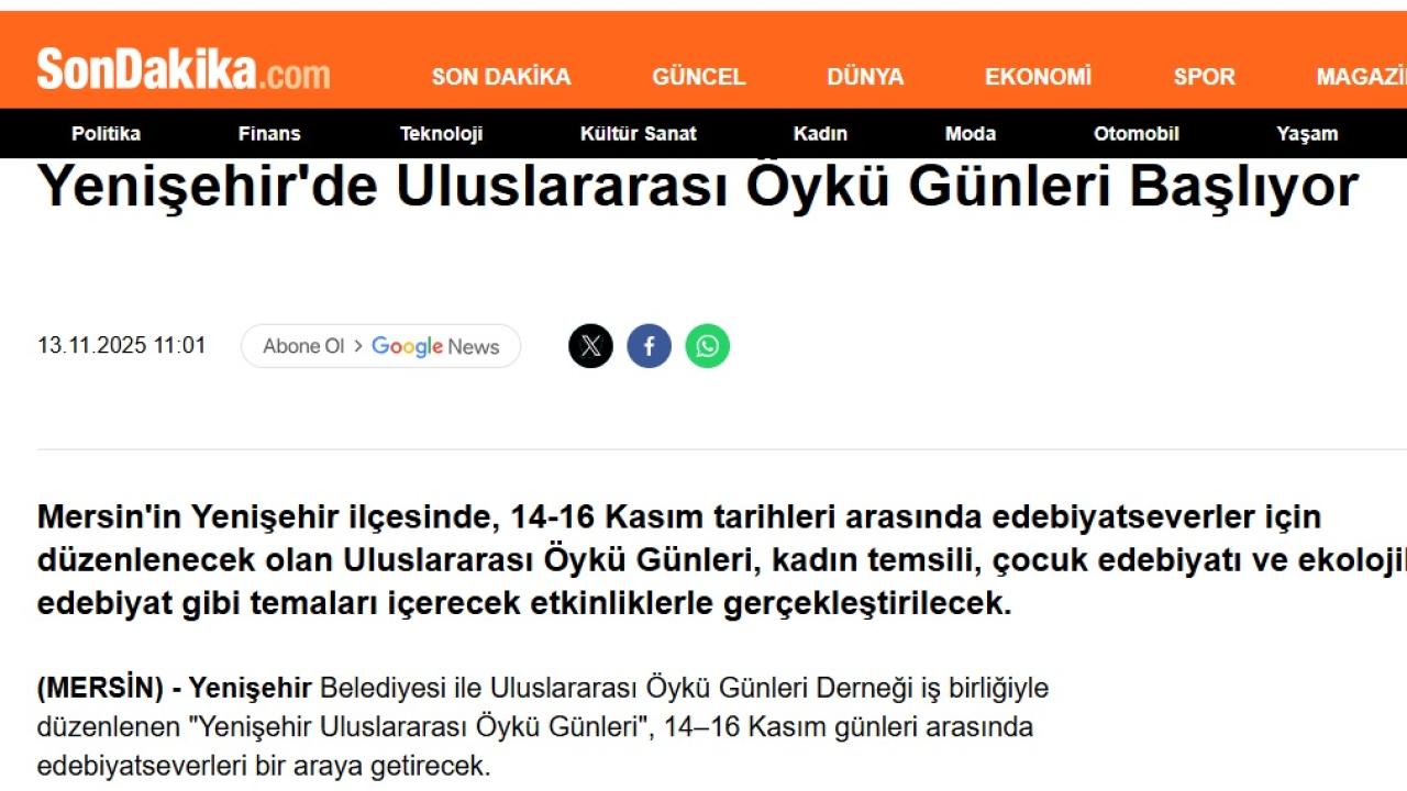 Yenişehir Uluslararası Öykü Günleri yarın başlıyor