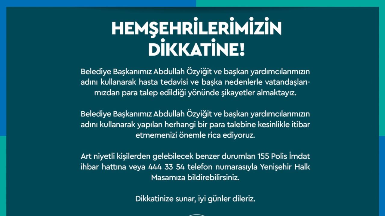 Mersin Yenişehir Belediyesi dolandırıcılara karşı uyardı