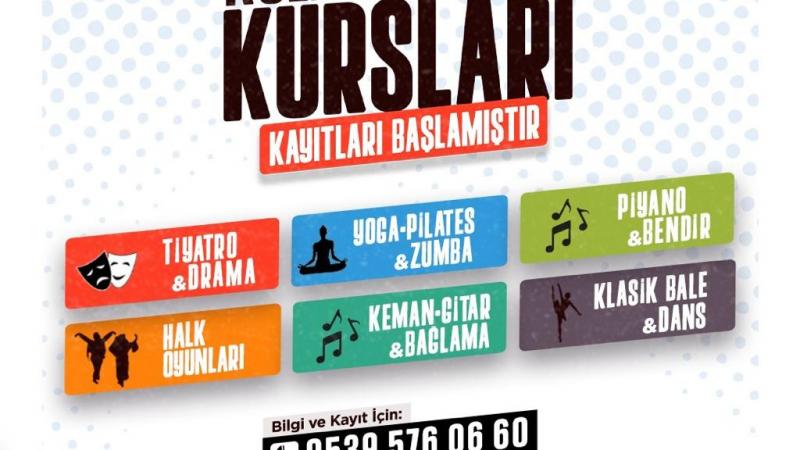 Kültür-Sanat Kurs kayıtlarımız devam ediyor.   •Tiyatro-Drama •Yoga-Pilates-Zumba •Piyano •Halk Oyunları •Keman-Gitar-Bağlama •Klasik Bale-Dans  Bilgi ve Kayıt için  0539 576 0660